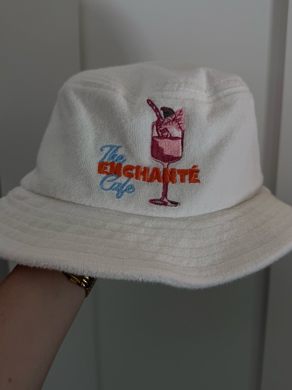 The Enchanté Cafe bucket hat in white terry cloth
